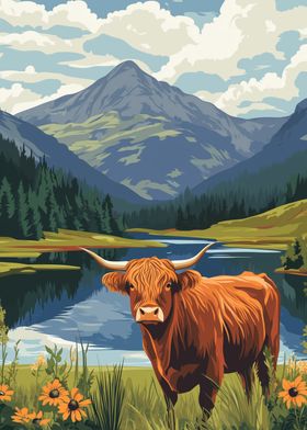 Highland Cow Mountain Landscape