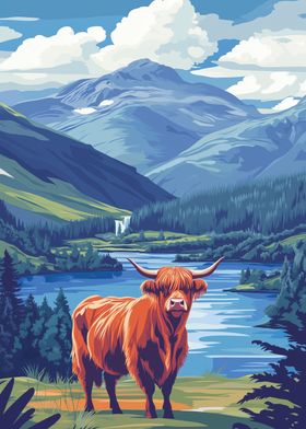 Highland Cow in Mountain Landscape