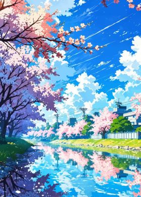 Cherry Blossom River Scene