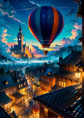 Fantasy Cityscape with Hot Air Balloon