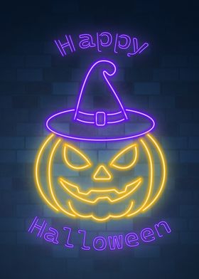 Neon pumpkin in witch hat