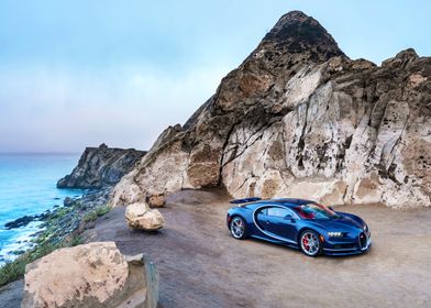 Blue Bugatti Chiron on Cliffside