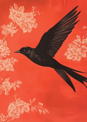 Black Bird on Red Background