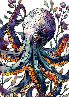 Watercolor Octopus with Flowers