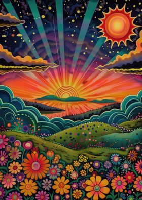 Psychedelic Retro Sunrise Landscape