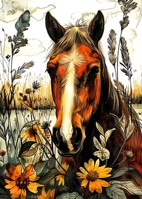 Horse Portrait with Flowers