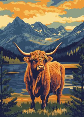 Highland Cow Mountain Landscape