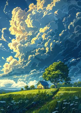 Countryside Cottage Under Clouds