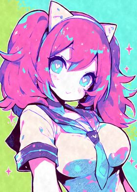 Kawaii Pastel Anime Girl with Cat Ears