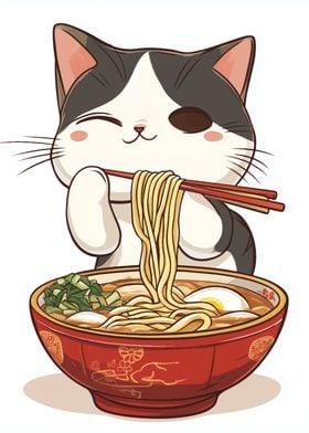 Cute Cat Eating Ramen