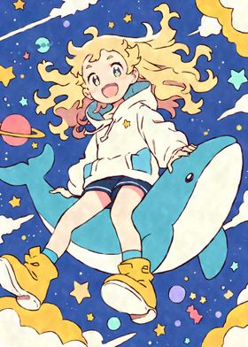 Kawaii Anime Girl Riding Whale in Space