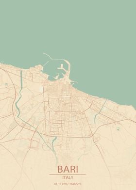 Bari Italy Vintage Style City Map