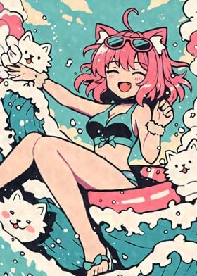 Kawaii Anime Cat Girl Swimming