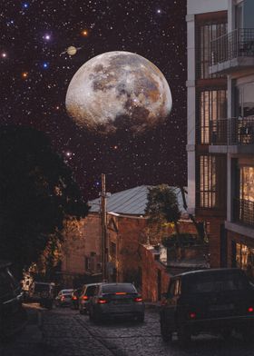 Giant Moon Over City Street