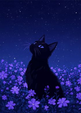 Black Cat Under Starry Night