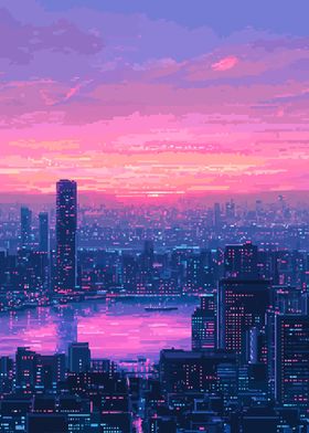 Cityscape Sunset Pixel Art