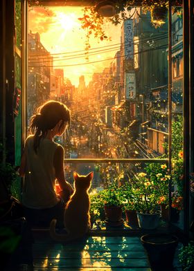 Japan Cityscape with Cat 