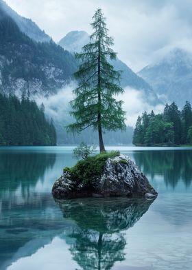 Lone Pine on a Misty Lake