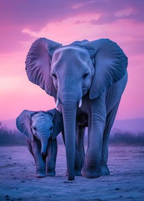 Elephant Family at Sunset