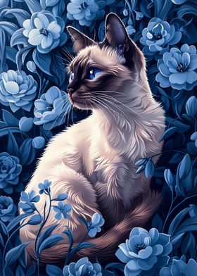 Siamese Cat in Blue Flowers