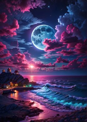 Neon Beach Night Landscape