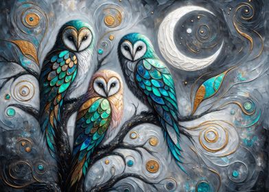 Three Owls Under the Moon