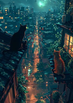 Cats on Rooftop, Night City