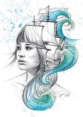 Sail away | Woman with Ship in Hair Surreal Art