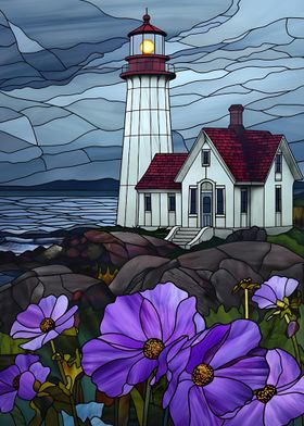 Stained Glass Lighthouse and Purple Flowers 