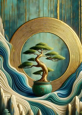 Japanese Bonsai Tree in Gold Circle