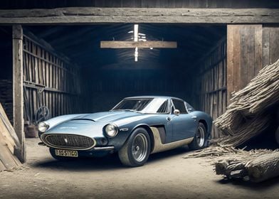 Classic Blue Sports Car in Barn