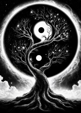 Black and White Yin Yang Space Tree