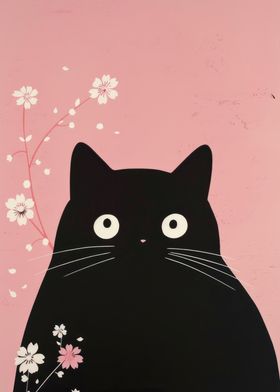 Black Cat with Sakura Flowers Woodblock Print