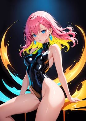 Anime Girl in Black Latex Swimsuit