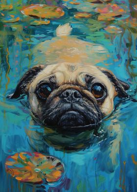 Pug Swimming in Water Lilies