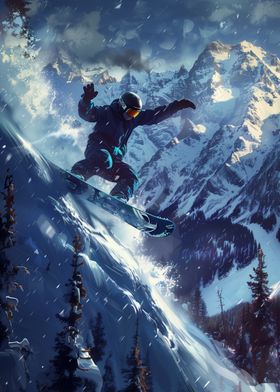 Snowboarder in Mountain Range