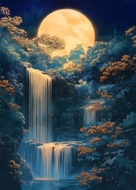 Moonlit Waterfall night aesthetic gold