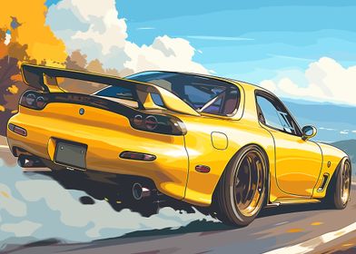 Yellow Mazda RX-7 Drifting