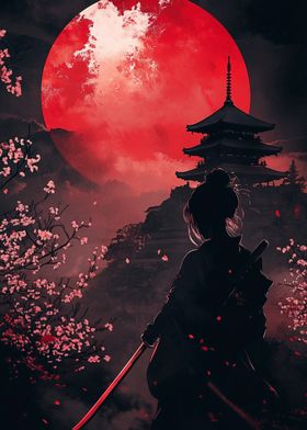 Samurai female Under Blood Moon