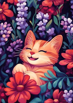 Smiling Cat in Flowers