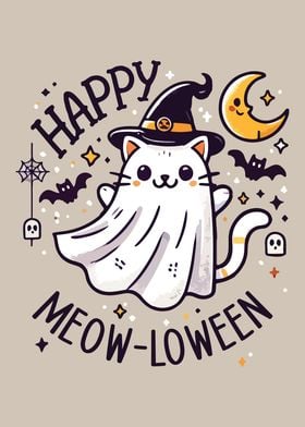 Happy Meow-loween Funny Cute Halloween Cat Ghost