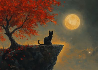 Black Cat Under Full Moon