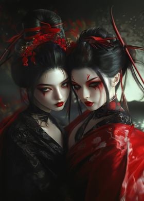 Geisha in Red and Black Japanese Cherry Blossom