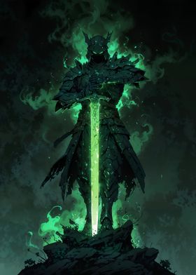 Green Knight with Glowing Sword sourrounded by light mist