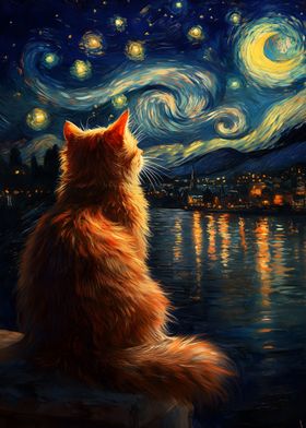 Orange Cat Under Starry Night