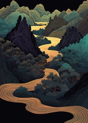 Golden River Through Mountains