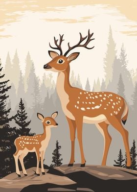 Deer Family in Forest