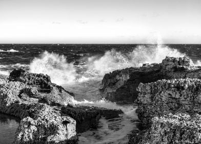 Waves Crashing on Rocks Black and white