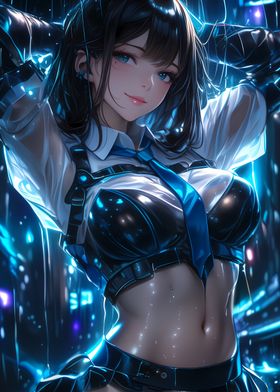 Anime Girl in Blue and Black under Raining