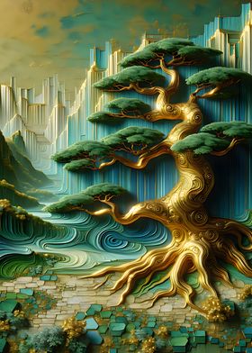 Golden Bonsai Tree Abstract Landscape